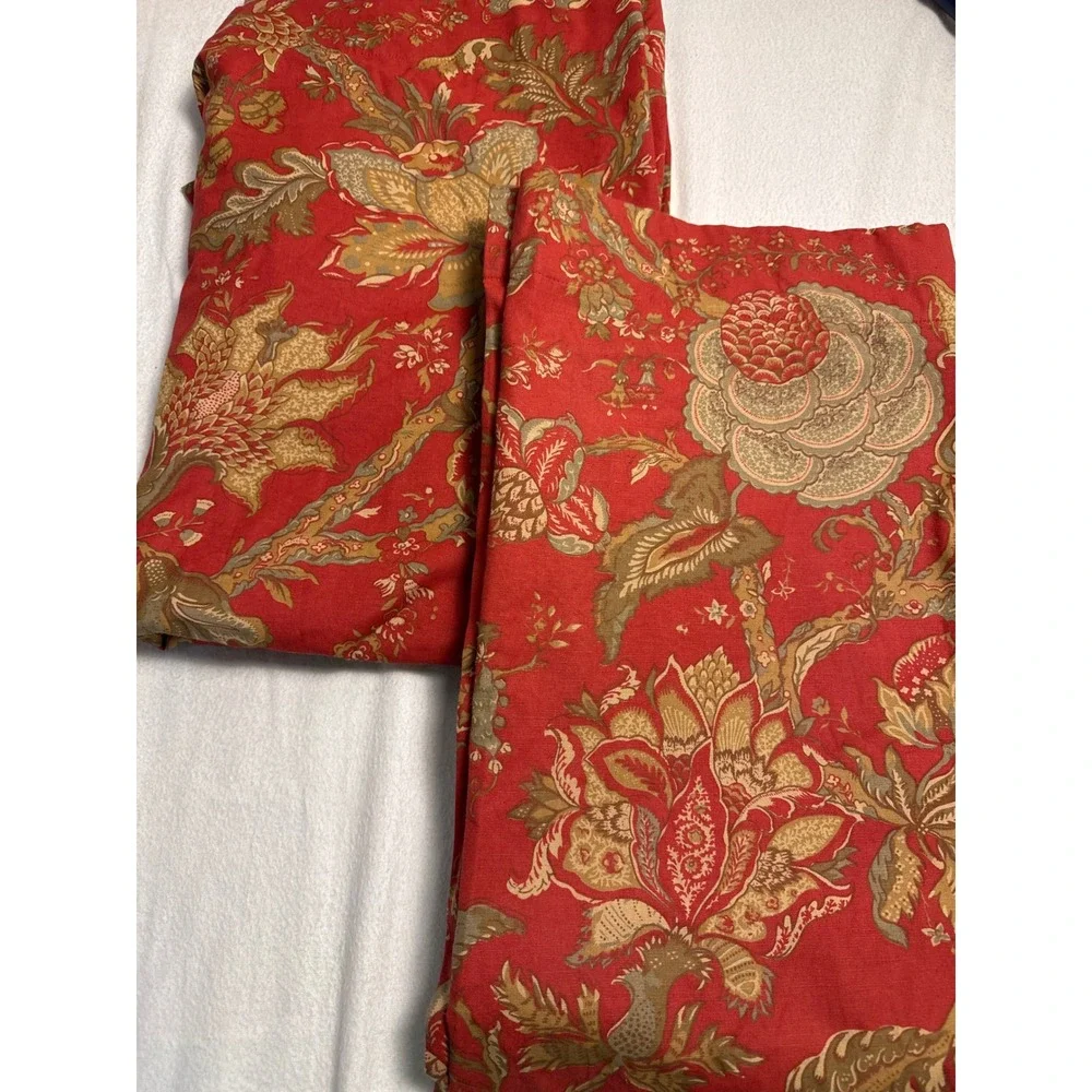 Pottery Barn Curtains 50x84 Madeline Red Floral Cotton Linen Lined Panels